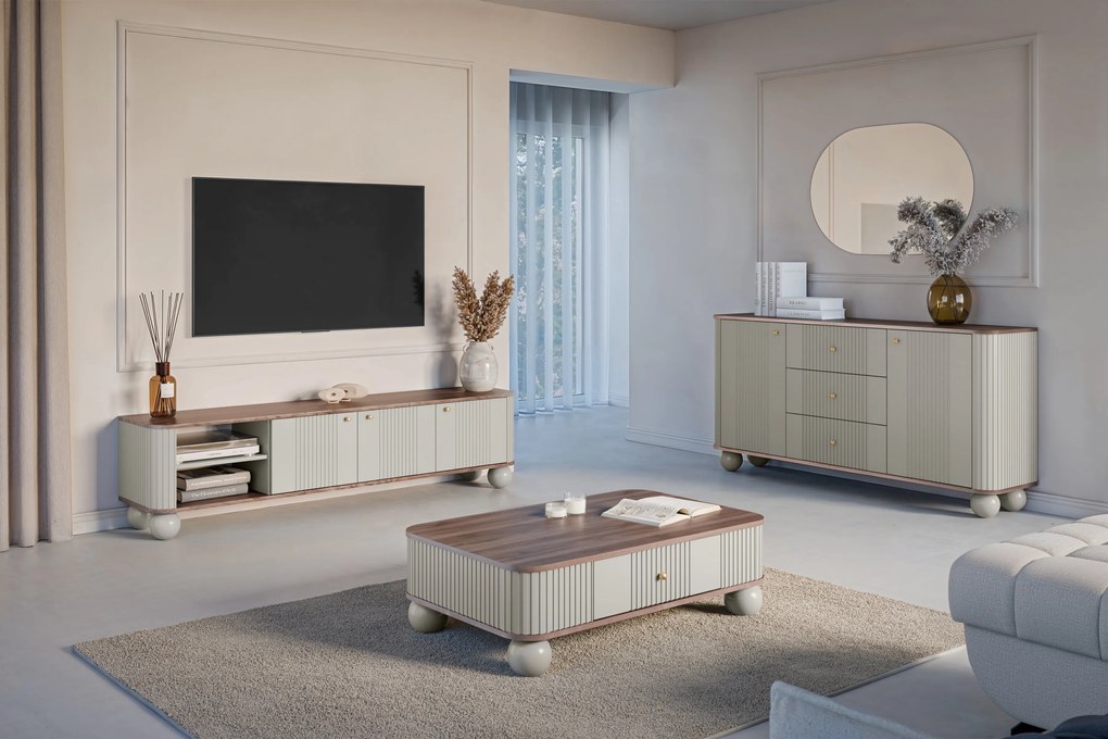 Vesper 3D TV-szekrény 187 cm - kasmír / diófa / arany színű fogantyúk / gömb alakú lábak