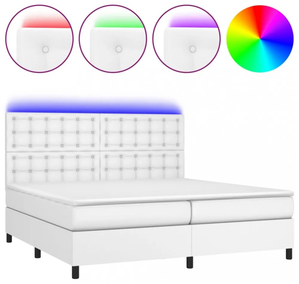 fehér műbőr rugós ágy matraccal és LED-del 200x200 cm