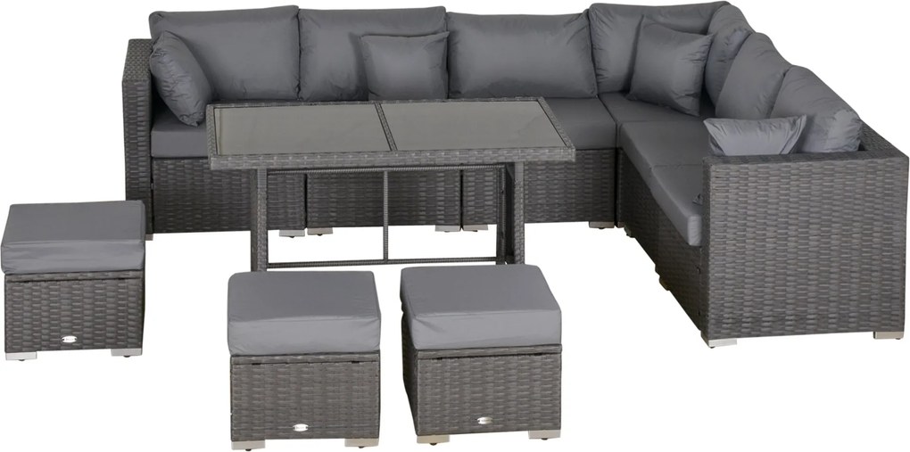 Outsunny 10 Részes Kerti Bútor Szett, Poli Rattan Ülőgarnitúra Kertre és Teraszra, Moduláris Dizájn, Ülő- és Háttámlapárnákkal, Díszpárnákkal, Rozsdaá