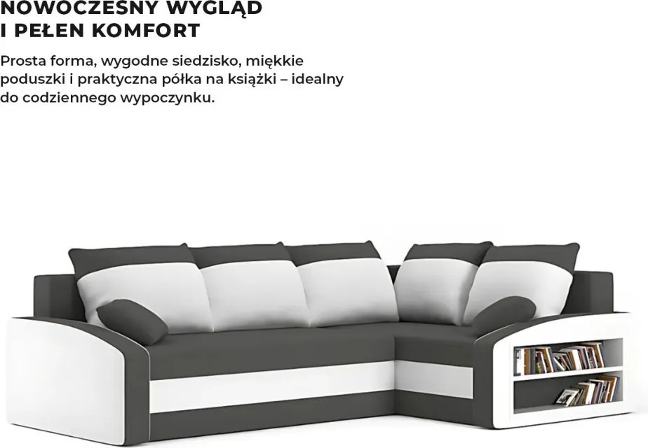 Grande sarokkanapé polcokkal , polc a jobb karfaban, jobboldali, szövet anyag, hab töltet, szürke - fehér