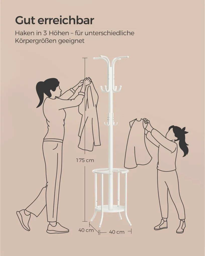 Álló fém ruhafogas, esernyőtartóval, 12 akasztóval, gyöngyházfehér 175 cm magas