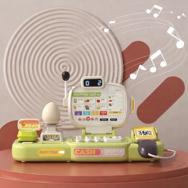 Intelligens pénztárgép gyerekeknek, 77 darabos, szkennerrel, hangvezérléssel, szállítószalaggal, mérleggel és élelmiszerekkel