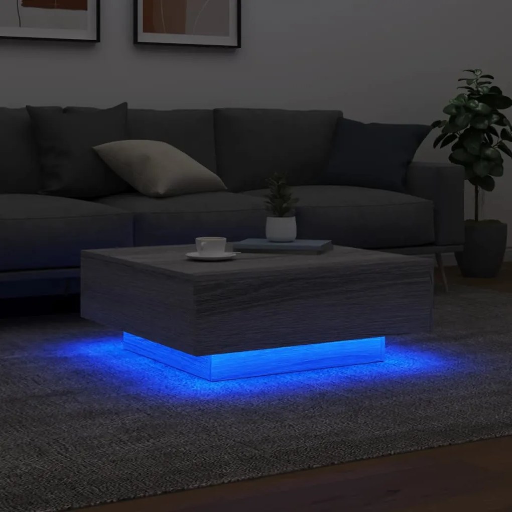 szürke sonoma színű dohányzóasztal LED-lámpákkal 80x80x31 cm