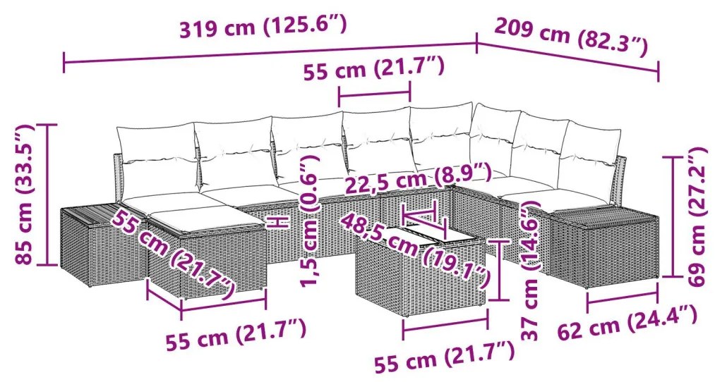 9 darabos kertibútor szett párnákkal, szürke poli rattan