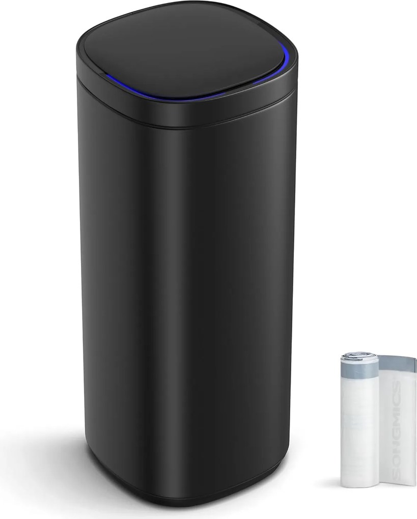 Fürdőszobai szemetes tetővel, 8l, kis helyekre, soft close, acél, fekete