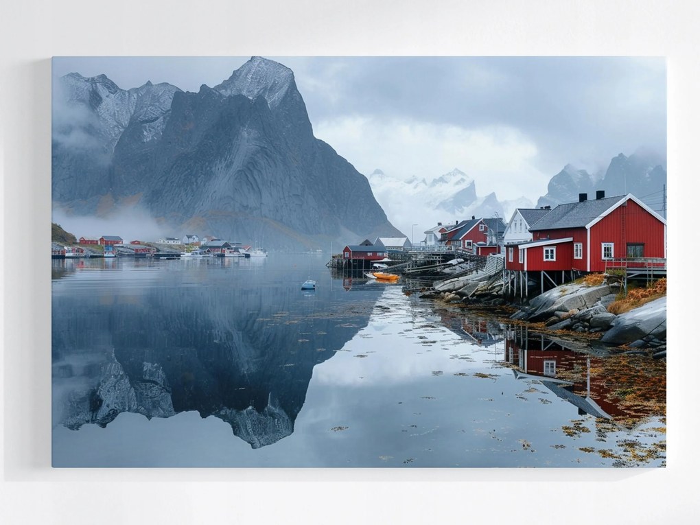 Poszter Norvégia Lofoto Piros Házikók Fjord Rorbu 120x80