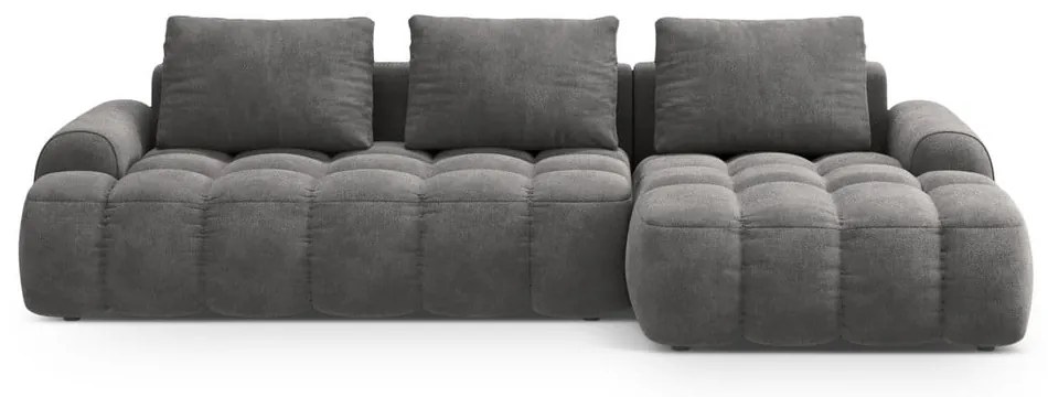 Szürke bársony kinyitható-tárolóhelyes sarokkanapé (jobb oldali-heverő résszel) Linz – Cosmopolitan Design