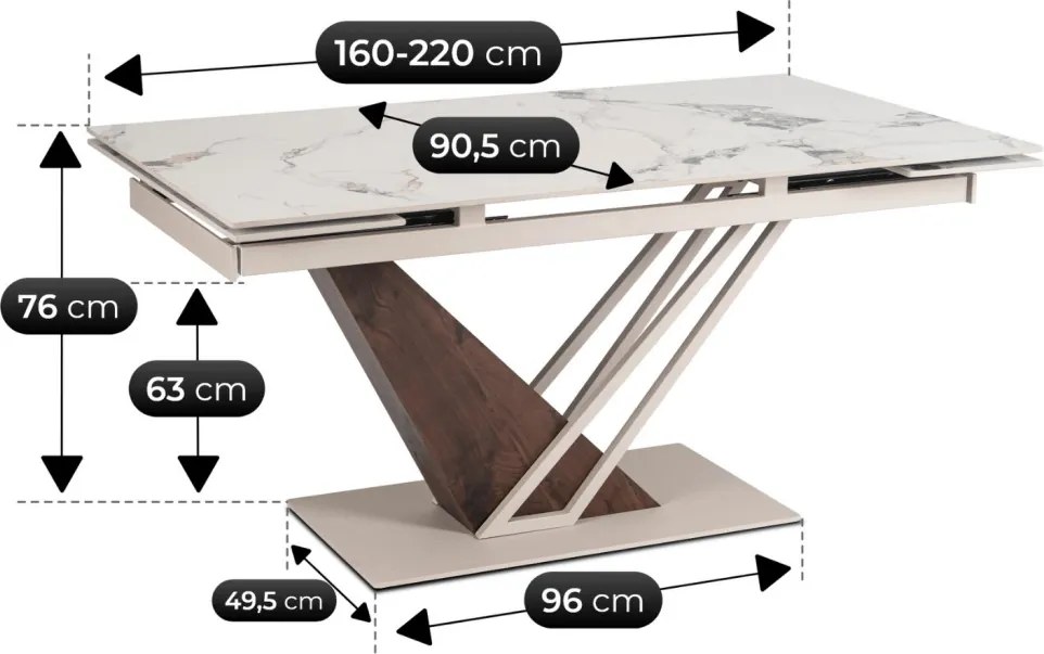 Stół Rozkładany Prostokątny REX 160-220 cm Kaszmirowy Marmur/Orzech