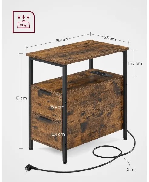 Oldalsó asztal beépített konnektorokkal és USB-portokkal ROD barna/fekete