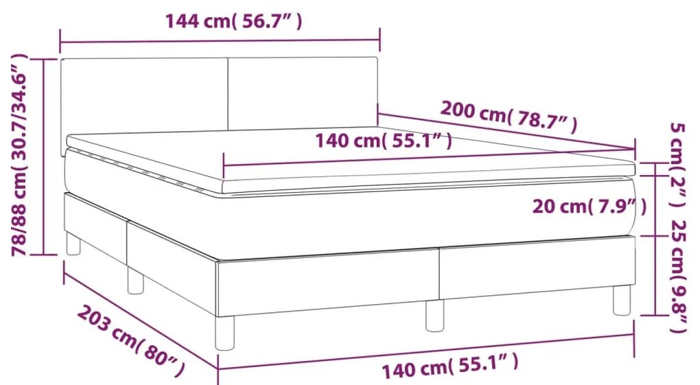 sötétkék bársony rugós és LED-es ágy matraccal 140x200 cm