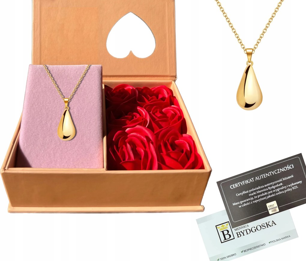 Arany nyaklánc nagy csepp könnycsepp ékszerdoboz rózsa ezüst aranyozott