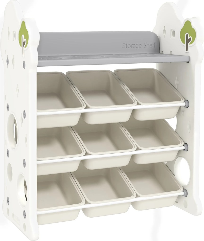 AIYAPLAY Gyermekpolc 4-szintes Játékpolc 9 Kivehető Dobozzal, Polc, Horog, Raktározó Polc Óvodákra és Játszótermekre, 77 x 42 x 94 cm, Törtfehér | Aos