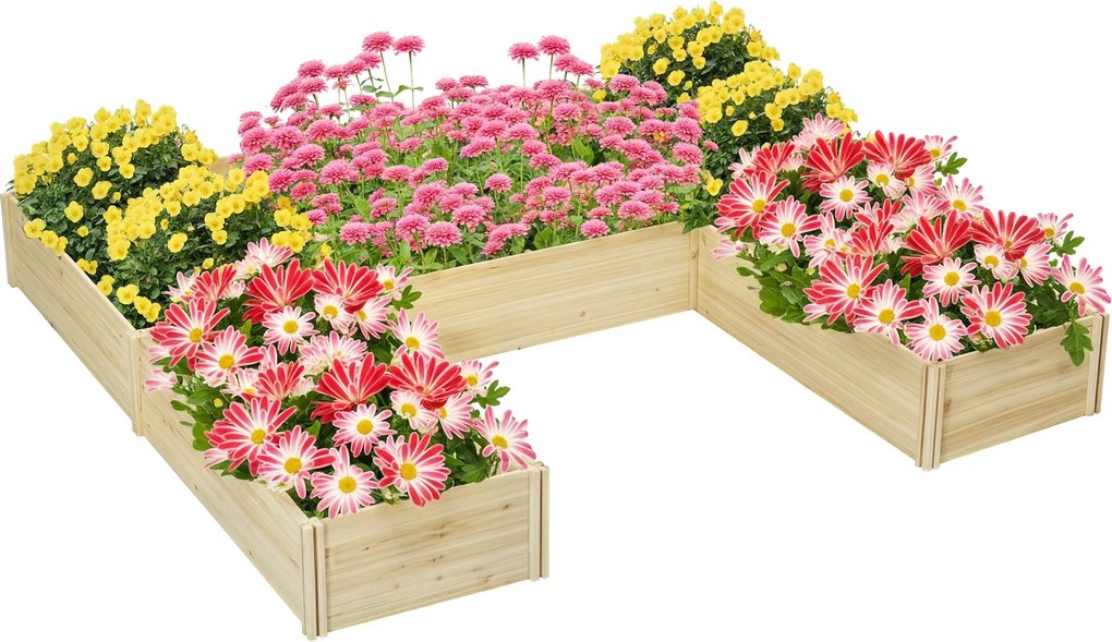Outsunny Fa magaságyás moduláris kerti ágyás szett 5 db kültéri növényláda állítható forma U L T zöldség fűszernövény virág termesztéshez alj nélküli