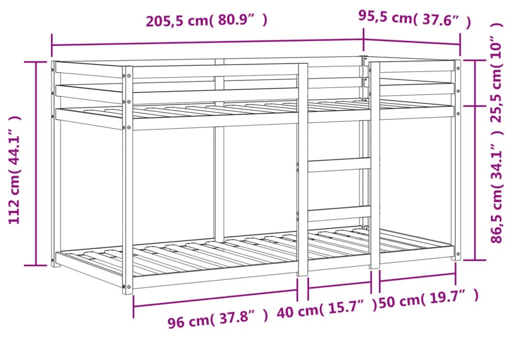 fekete tömör fenyőfa emeletes ágy 90 x 200 cm