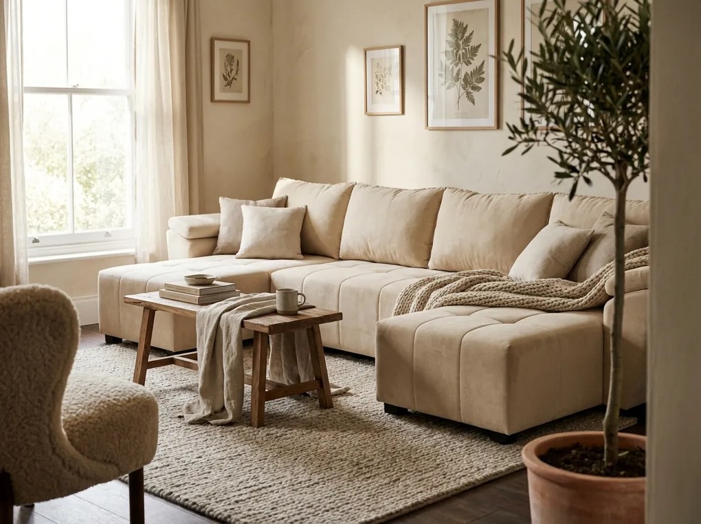 Kinyitható U alakú ülőgarnitúra LIVARO 305x140 cm, krémszínű