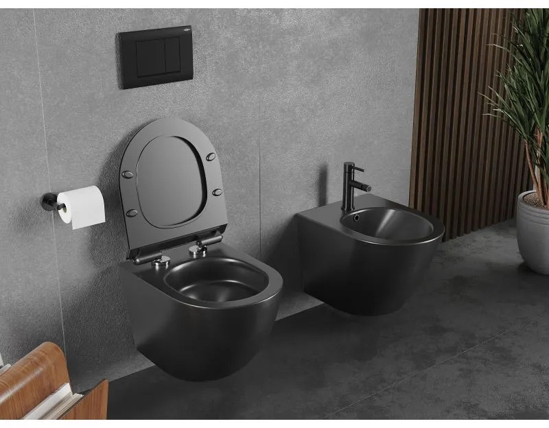 Mexen Lena, falra akasztható wc csésze 490x360x340 mm, Perem nélküli Tornado + duroplast wc ülőke, matt fekete, 30220185T