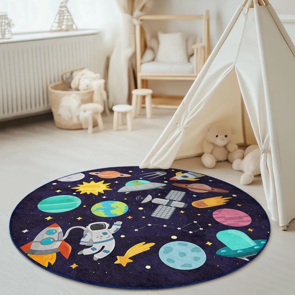 Sötétkék mosható gyerek játszószőnyeg ø120 cm Into The Space – Mila Home