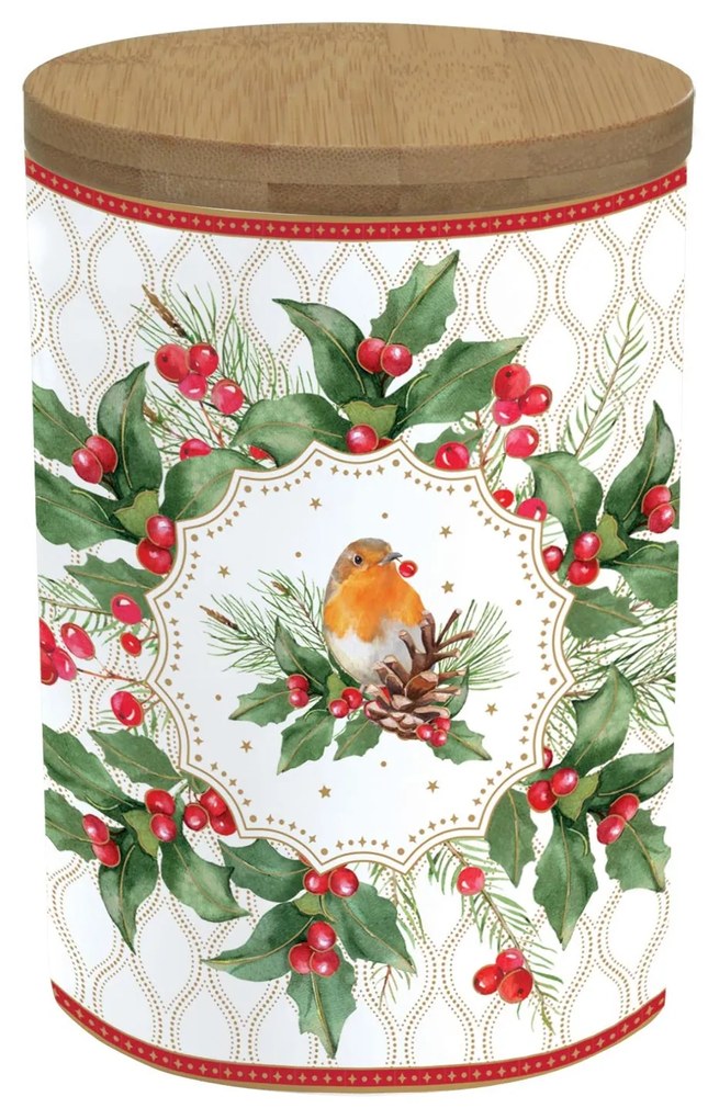 Karácsonyi Porcelán konyhai tároló bambusz fedéllel Christmas Berries