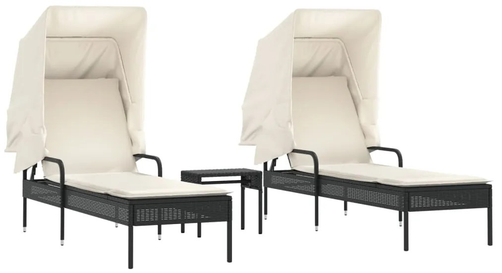 vidaXL 2 db fekete polyrattan napozóágy tetővel és asztallal