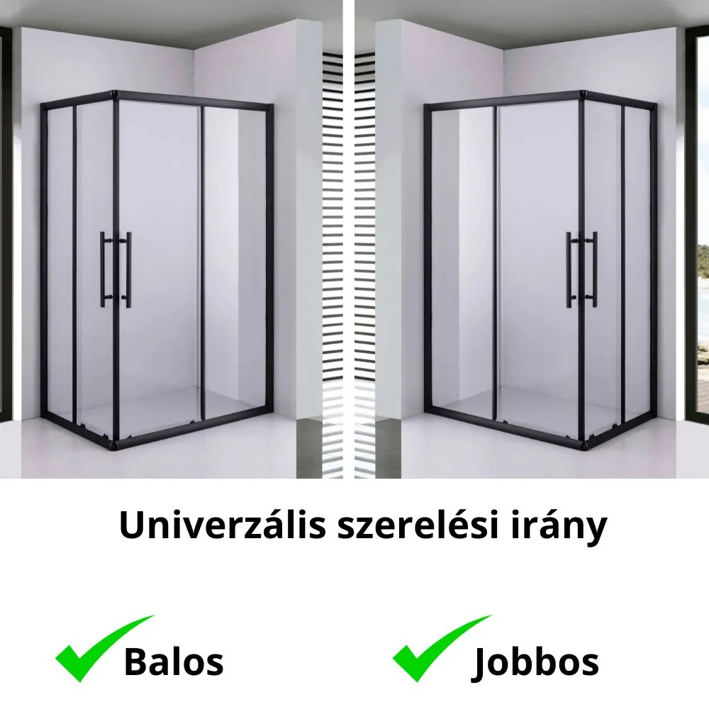 Stuxi Nizza Black 100x80 cm aszimmetrikus két tolóajtós zuhanykabin 6 mm vízlepergető biztonsági üveggel, fekete elemekkel, 190 cm magas