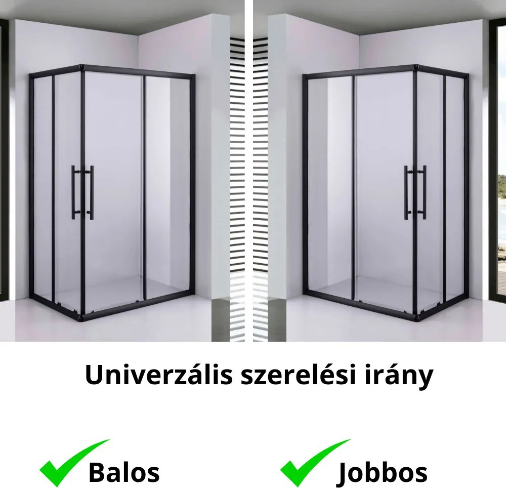 Stuxi Nizza Black 120x100 cm aszimmetrikus két tolóajtós zuhanykabin 6 mm vízlepergető biztonsági üveggel, fekete elemekkel, 190 cm magas