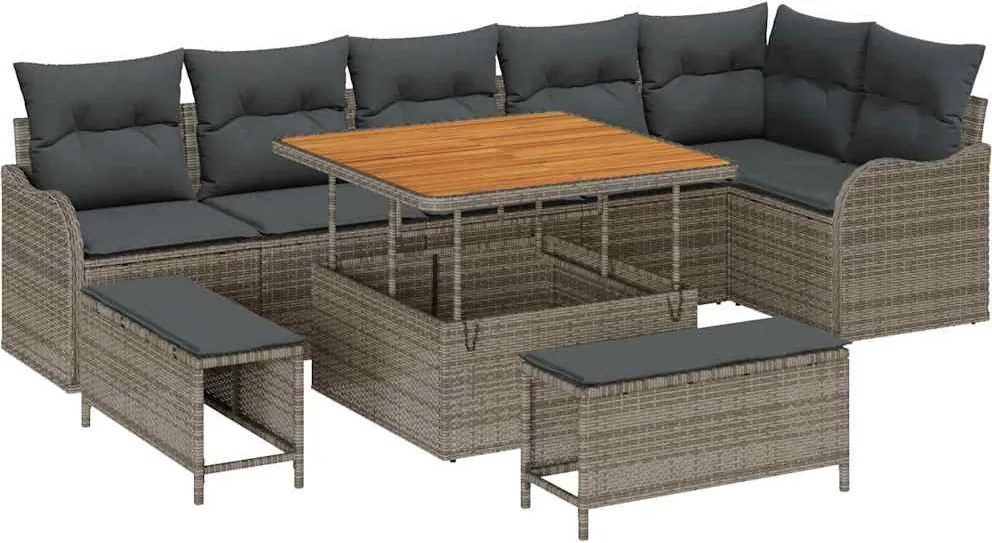 vidaXL Kerti Kanapé Szett párnával 9 pcs Szürke polirattan