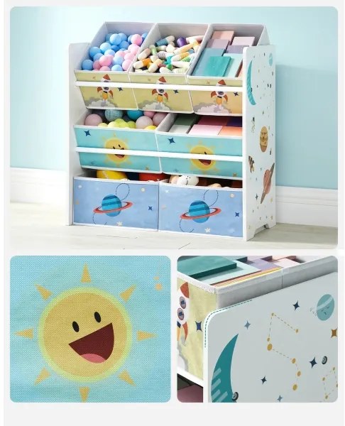 Gyerek tároló polc ANET kék-fehér textil dobozokkal