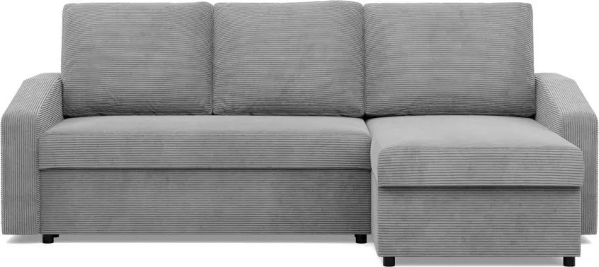 Zeus sarokkanapé, 2 ágyneműtartóval, döntött kartámasz, kordbársony, univerzális oldal, hab töltet, szürke