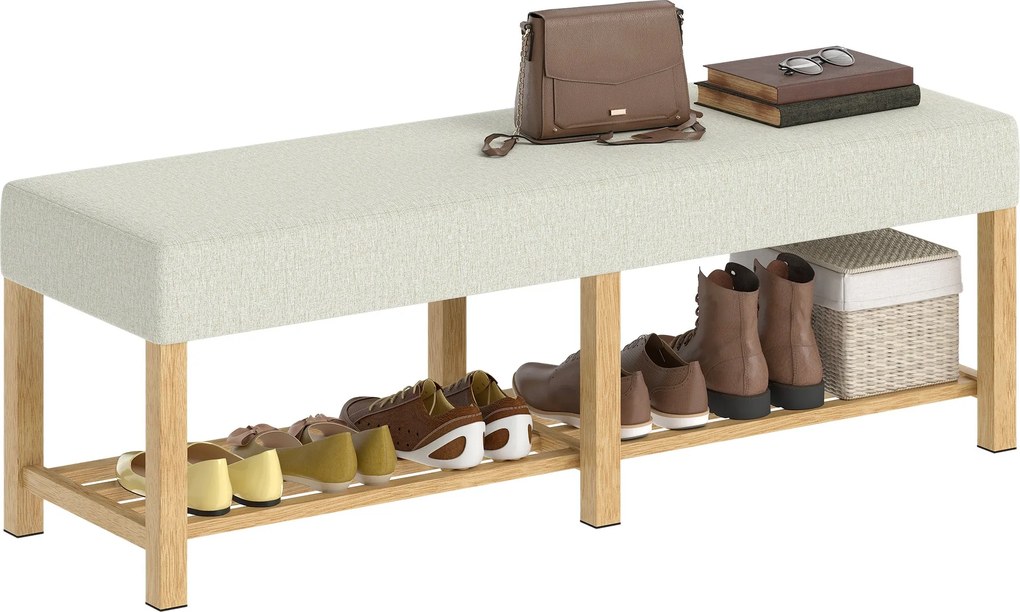 HOMCOM cipőpad — modern előszobabank párnázott ülőhellyel 2 személyre, nyitott cipőpolc, gumi fa váz, előszobába, nappaliba, 140 x 44 x 48 cm | Aosom