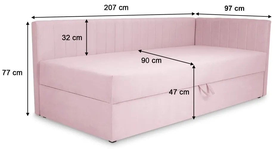 Wilsondo TEODOR saroktámlás heverő ágyneműtartóval 90x200 - rózsaszín