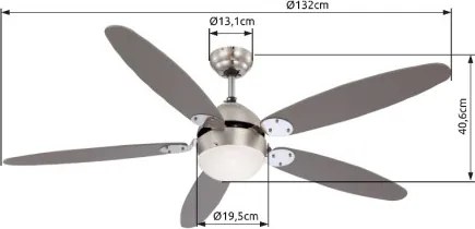 Globo 0308 Mennyezeti ventilátor króm,matt króm test, bükk,grafitszürke MDF lapát, üveg búra, 1X60W E14, 50Hz, 3 fokozatú, 2 irányú forgás,láncos húzókapcsolóval
