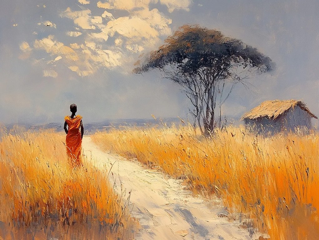 Vászonkép Canvas Olaj Tájkép Afrika Szavanna Nő 100x75