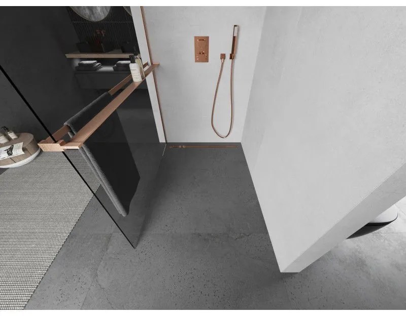 Mexen Kioto+, Walk-In zuhanyparaván polccal és akasztóval 70 x 200 cm, 8 mm átlátszó üveg, réz matt profil, 800-070-121-65-00