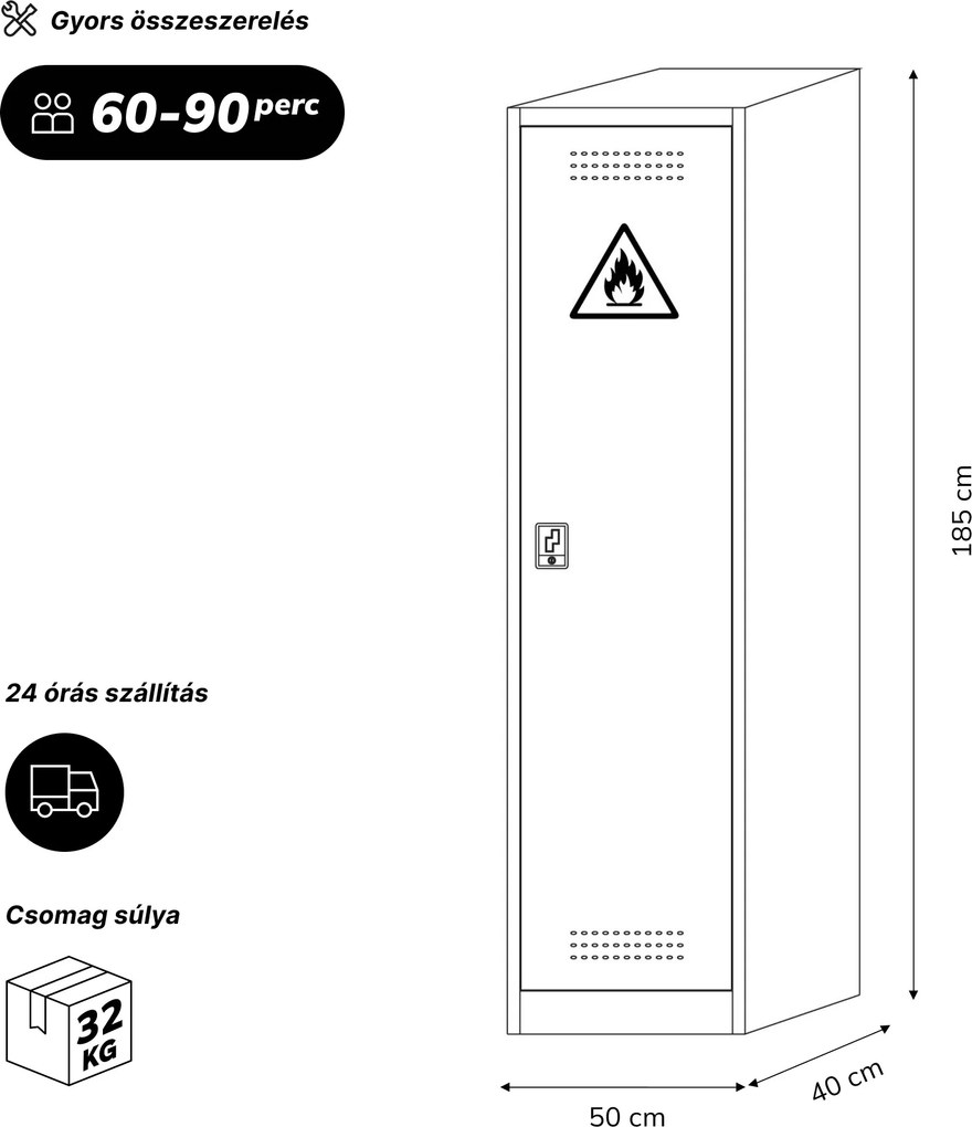 Oszlopos BHP vegyszerszekrény, szürke-sárga, 500x1850x400 mm: PETER