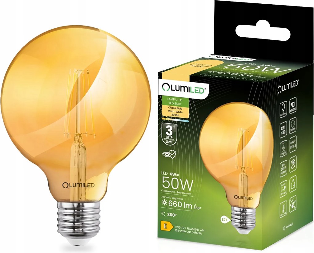 Led izzó E27 gömb G95 6W 50W 360° dekoratív filament Lumiled