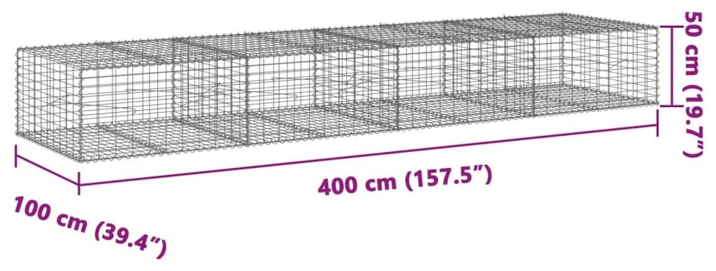 horganyzott vas gabion kosár fedéllel 400 x 100 x 50 cm