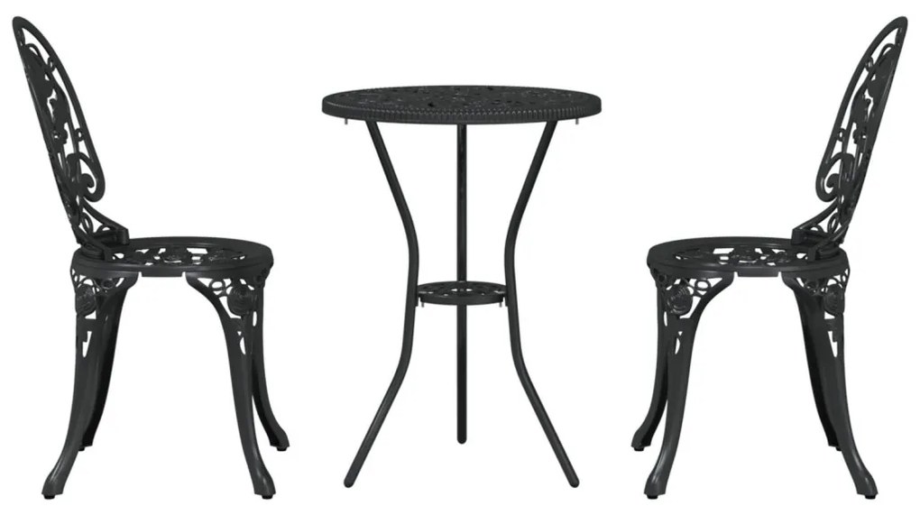 3 darabos Kerti Bistro Szett Fekete Öntött Alumínium