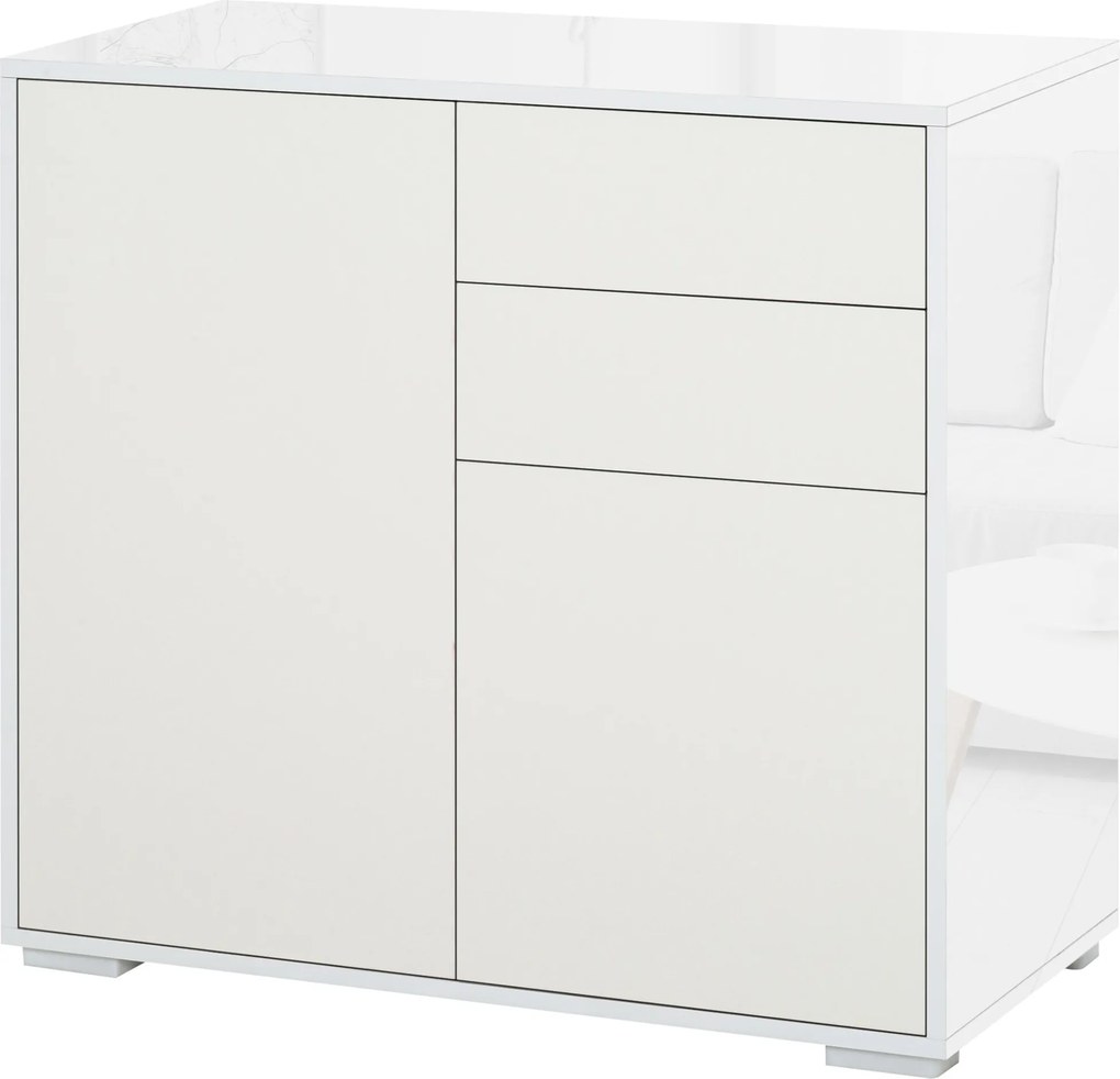 HOMCOM Konyhai Tálaló 2 Ajtóval és 2 Fiókkal, Fényes Fehér Keret, Állítható Polc, Push-to-Open Tároló Székhelyiségbe és Nappaliba, 79x36x74 cm | Aosom