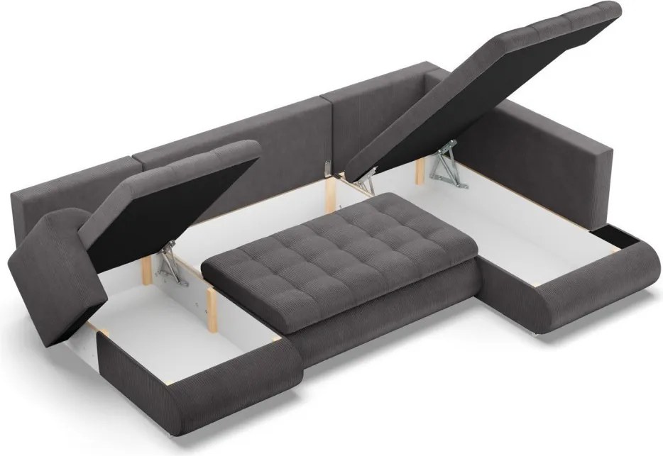 Tokio U sarokkanapé, 3 ágyneműtartóval, kordbársony, jobboldali, szürke