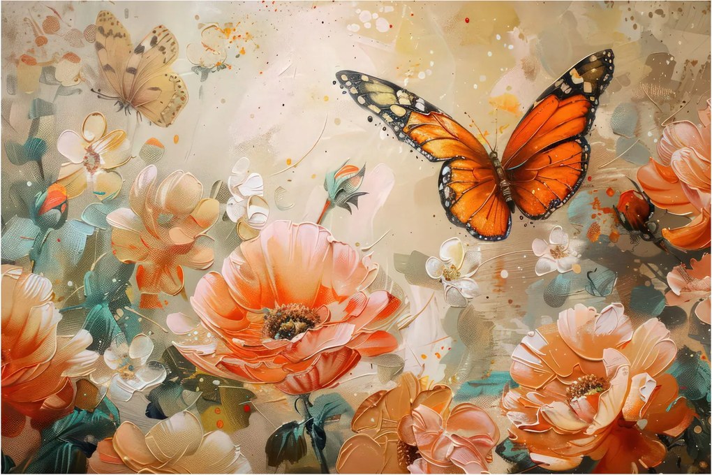 Kép - Pillangó és virágok, olajfestmény (90x60 cm)