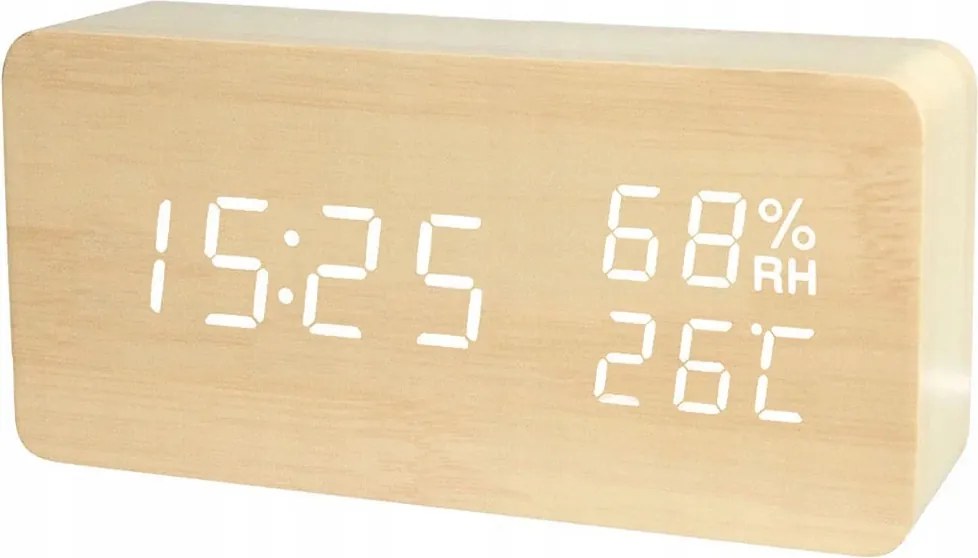 Digitális ébresztőóra hőmérővel és páratartalom-mérővel - VERK - USB - fa dekoráció