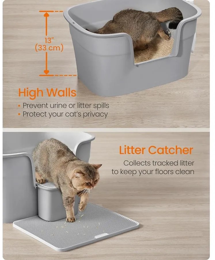 Extra nagy macskaalomdoboz magas oldalfallal, alomfogó ráccsal, szürke színben