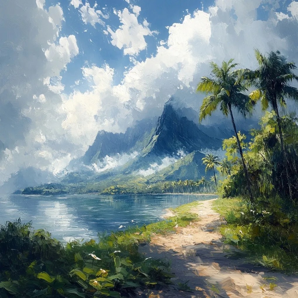 Vászonkép Canvas Tájkép Hawaii Hegyek Csúcsok Óceán Tengerpart Pálmafák 40x40