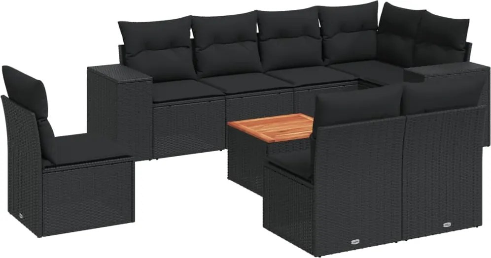 vidaXL 9 részes fekete polyrattan kerti ülőgarnitúra párnákkal