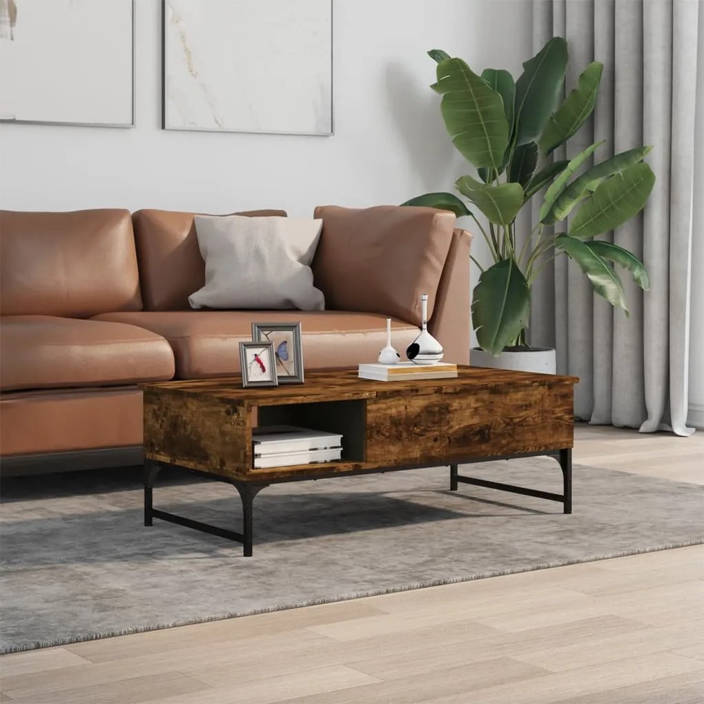 Füstös tölgy szerelt fa és fém dohányzóasztal 100 x 50 x 35 cm