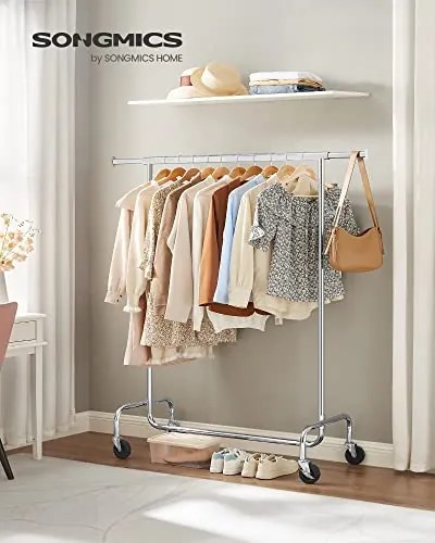 IRENE ruhatartó állvány kerekekkel, max. 130kg, 150x45x160cm, ezüst SongmicsHome