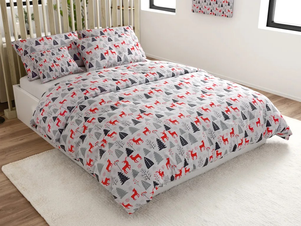 Flanel ágynemű RED DEERS AND TREES fehér Ágyneműhuzat mérete: 2 db 70 x 90 cm | 200 x 220 cm