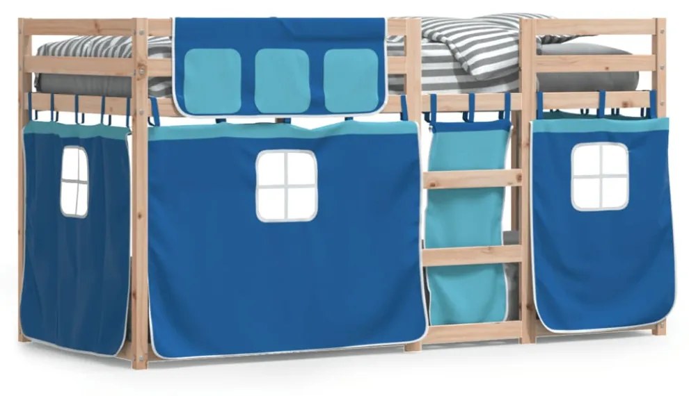 kék tömör fenyőfa emeletes ágy függönyökkel 75 x 190 cm