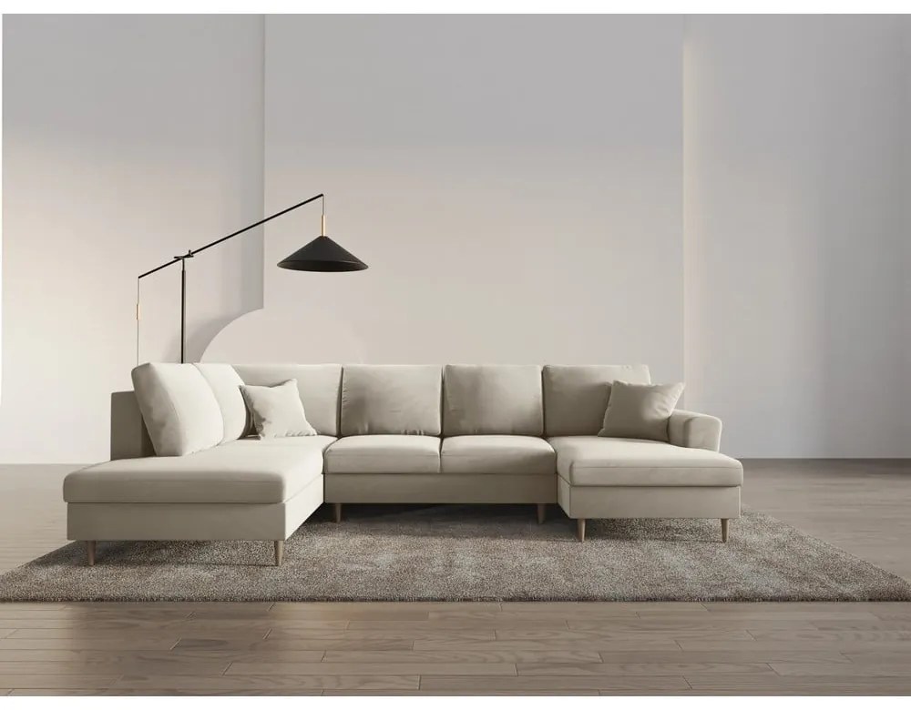 Bézs bársony kinyitható tárolóhelyes sarokkanapé (bal oldali-U alakú) Kyoto – Cosmopolitan Design