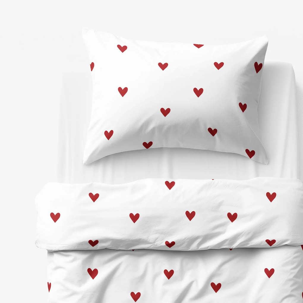 Goldea gyermek pamut ágyneműhuzat - piros szívecskék, fehér alapon 140 x 200 és 70 x 90 cm